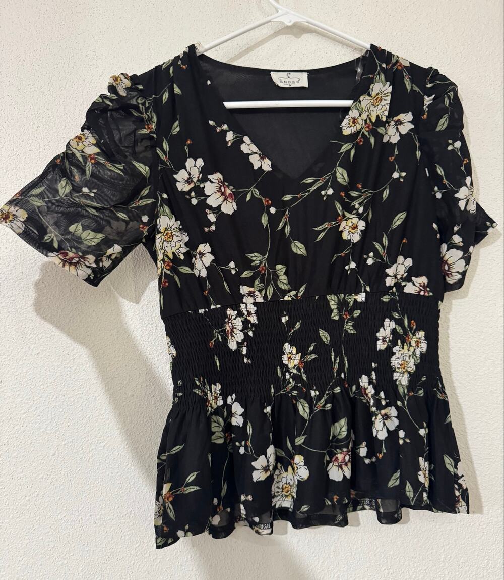 Ember M Black V-Neck Floral Print Ruched Puff Sleeve Peplum Blouse Top Office